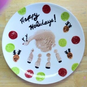 Handprint Reindeer on ceramic plate at Claytopia