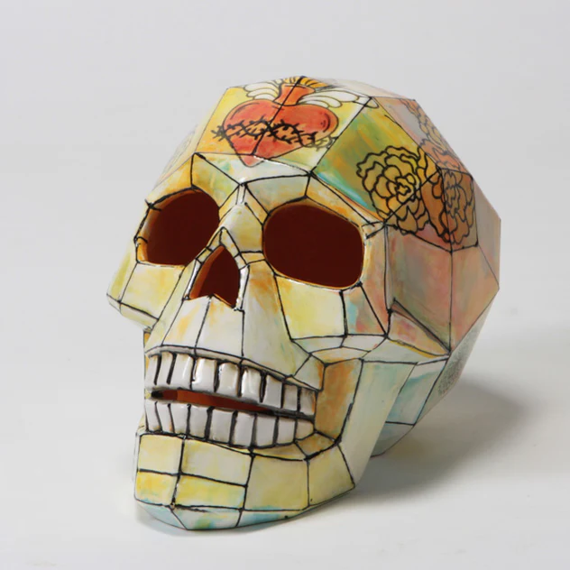 Painted Pottery Faceted Skull